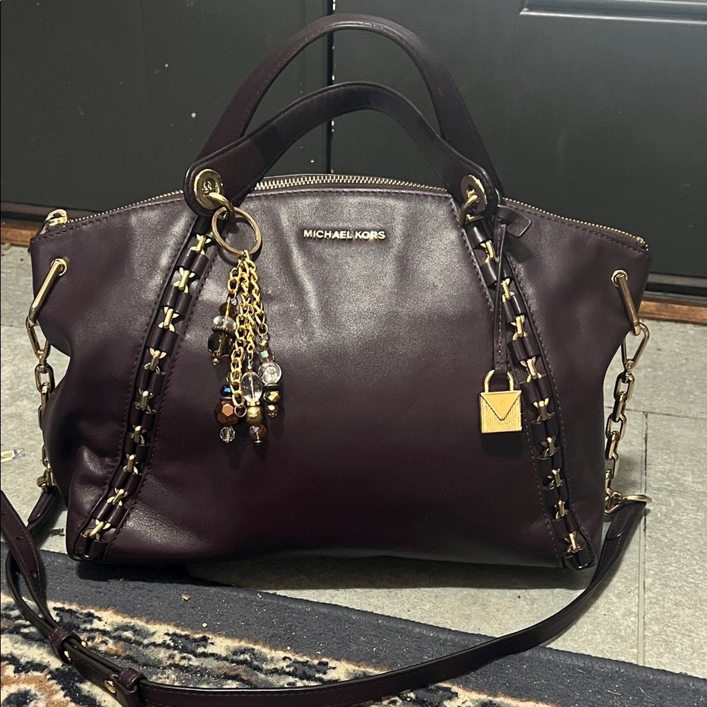 Michael Kors Plum Leather Satchel with Gold Accents